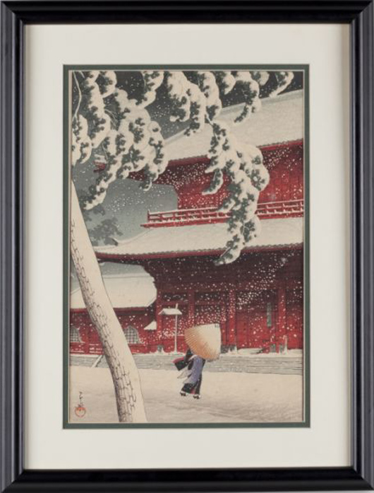 Woodblock in colors by Hasui Kawase (Jap., 1883-1957), titled ‘Zojoji Temple’ ($5,500). Photo courtesy of Leland Little Auction & Estate Sales Ltd.